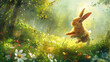 An abstract representation of the Easter Bunny with long floppy ears and a fluffy tail hopping through a field of blooming flowers and trees.