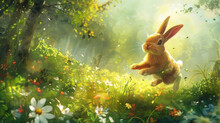 An Abstract Representation Of The Easter Bunny With Long Floppy Ears And A Fluffy Tail Hopping Through A Field Of Blooming Flowers And Trees.