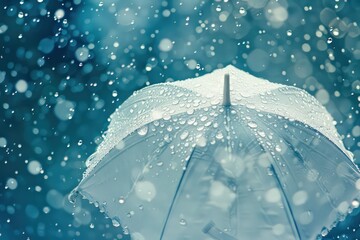 Wall Mural - a white umbrella is standing in the rain with drops falling on it, in the style of light silver and dark blue