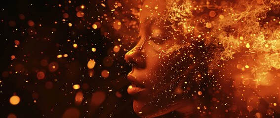 Wall Mural - a woman's head full of sparks and fire, in the style of photo realistic pastiche, mystic mechanisms, human-canvas integration, dark orange and light gold