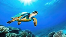 Sea Turtle Swims Among Corals And Fish In Sunlight, Azure Tropical Sea, Vacation, Travel Concept.