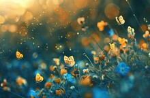 Yellow Butterflies Flying In The Grass At Sunrise, In The Style Of Blue And Azure, Delicate Flowers,