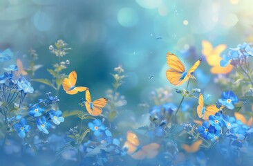 Wall Mural - yellow butterflies flying in the grass at sunrise, in the style of blue and azure, delicate flowers,