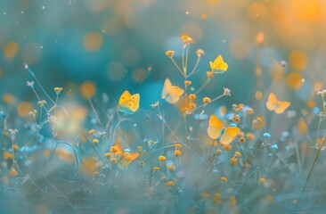 Wall Mural - yellow butterflies flying in the grass at sunrise, in the style of blue and azure, delicate flowers,