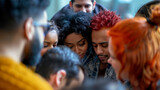 Fototapeta Krajobraz - A diverse group of professionals in a huddle, heads together, strategizing or celebrating a victory, Diversity People Group Team Union, blurred background, with copy space