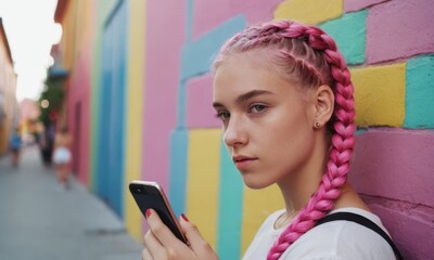 Hipster teenage girl with pink braid is using a modern smartphone. She is standing by colorful wall