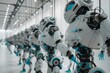 © supachai - Panoramic view, android factory , robotic arms, in the style of dark white and light blue,