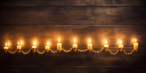 Wall Mural - Joyous Flames: A Festive Christmas Celebration of Light and Romance on a Rustic Wooden Table