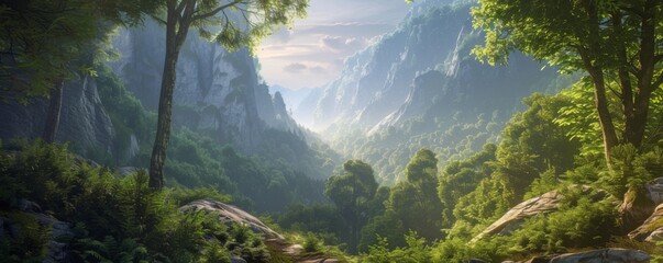 Wall Mural - A view of beautiful nature, trees in the foreground.