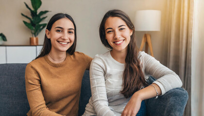 Two female friends sitting at home on their sofa; two happy friends smiling and looking at the camera; two sisters portrait