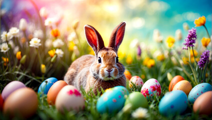 Wall Mural - Rabbit sitting in the grass surrounded by easter eggs and daffodils