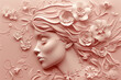 Elegant paper art style, profile of a woman with floral decorations, soft pink hues with 3D effect, an artistic and sophisticated representation of women's grace for International Women's Day