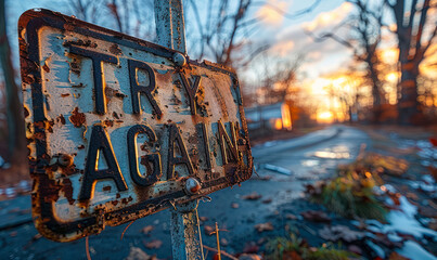 Weathered and worn TRY AGAIN sign stands by a country road, symbolizing persistence, second chances, motivation, and the enduring human spirit of resilience