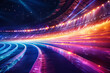 © alexandr - Vibrant stadium lights with a neon digital racetrack extending towards horizon