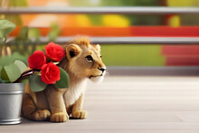 Cute Little Lion Cub With A Basket Of Roses. Minimal Illustration. AI Platform