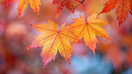 Poster - side view of forest background, yellow red and orange leaves in an autumn park