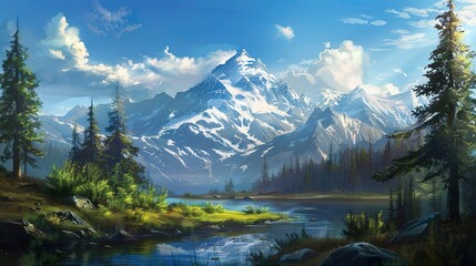 Wall Mural - landscape with lake and mountains