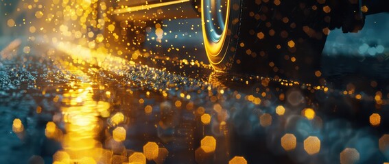 Wall Mural - a rainy road with truck tires and light reflections, glitter and diamond dust, bokeh, cellular formations, gold and azure
