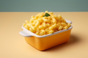 Tempting macaroni and cheese in a bento box against a pastel or soft colors background