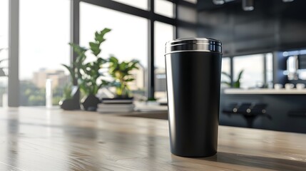 Wall Mural - Blank Black tumbler on modern desk with blurred window background for mockup. stainless steel.	