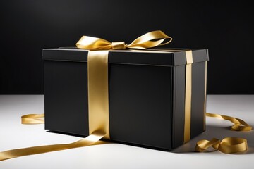 a black box with a gold ribbon on white background