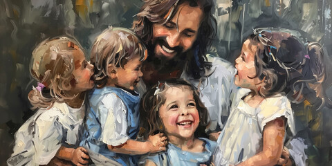 Wall Mural - Artistic depiction of Jesus Christ with a group of young happy children. Oil painting christian art style