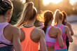 A group of women jogging on a street with soft diffused light and blurred background, wearing colorful workout clothes and earbuds