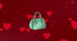 Digital image of female bag icon over multiple heart icons floating against red background
