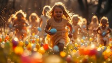Exuberant Child Running Forward With Joy Among A Field Of Easter Eggs, With Other Children