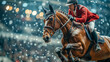 Focused Rider In Red Jacket Competing In Show Jumping Event On Bay Horse Amidst Falling Snowflakes.