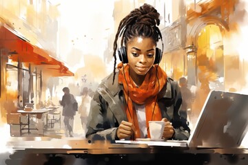 young black female freelancer in headphones sitting at cafe table with laptop, working on computer