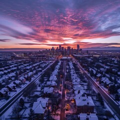 Wall Mural - Aerial drone photo - City at sunset