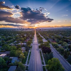 Wall Mural - Aerial drone photo - City  at sunset