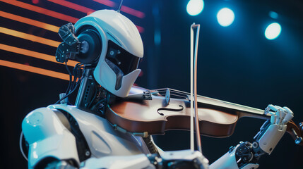 Wall Mural - An android robot playing a violin at an orchestral classical music concert performing as part of the orchestra. Technology and artificial intelligence as automated entertainment, stock illustration