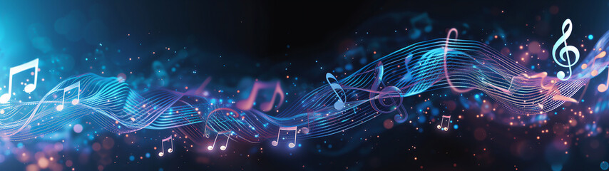 Melody flowing music wave  abstract background showing colourful music notes which are musical notation symbols, panoramic stock illustration image