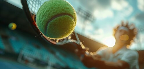 A dynamic view of a tennis player swinging the racket, with the ball in focus at sunset.