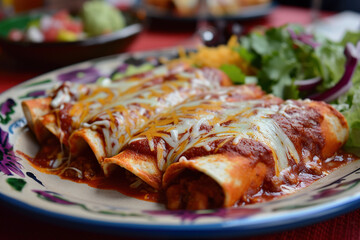 Wall Mural - A plate of enchiladas, a traditional Mexican dish made with tortillas filled with meat, cheese, or beans, and then rolled up and covered in chili sauce