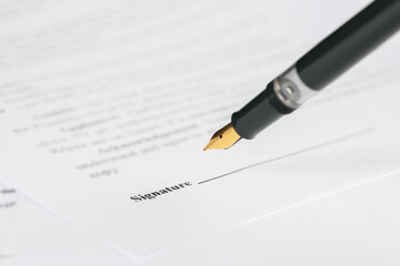 Poster - Signing notary document with fountain pen, closeup. Space for text