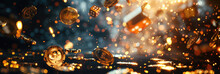 Abstract Background, Game Cube In A Casino, In Motion With Chips, Bitcoin Coins Flying From Gold, Bokeh, For Banner