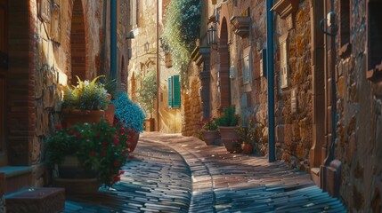 Poster - A narrow alley lined with potted plants, suitable for urban and gardening themes