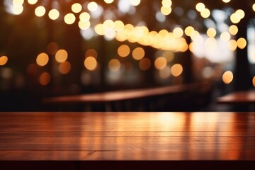 Poster - A wooden table with blurred lights in the background. Perfect for adding a cozy atmosphere to any design project