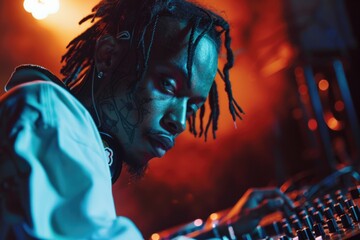 Poster - A man with dreadlocks playing music on a keyboard. Suitable for music or performance concepts