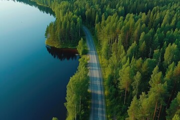 Poster - An aerial view of a road in the middle of a forest. Suitable for travel and nature concepts