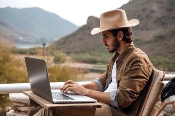 Poster - A man sitting at a table working on a laptop. Ideal for technology and remote work concepts
