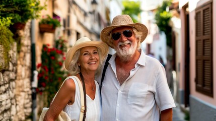 Senior couple enjoying vacation in picturesque Croatian alley