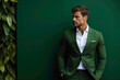 A dashing male model, impeccably dressed in business attire, strikes a pose against a captivating green solid wall backdrop, exuding confidence and allure.