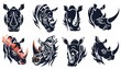 a set of rhino tattoos on white background, in the style of distinct facial features, flowing silhouettes