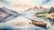 Tranquil watercolor lake scene with a rowboat and reflections of the mountains.