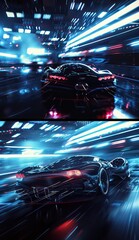 Wall Mural - car speed with light and blur shadows, multi-panel compositions, distinctive character design, futuristic design, dark azure and black