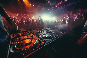 Poster - A DJ mixing music in front of a lively crowd. Suitable for event promotions